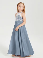 Robes de Demoiselle d'Honneur Longues en Mousseline avec Haut en Dentelle Bleu Poudré