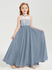 Robes de Demoiselle d'Honneur Longues en Mousseline avec Haut en Dentelle Bleu Poudré