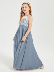Robes de Demoiselle d'Honneur Longues en Mousseline avec Haut en Dentelle Bleu Poudré