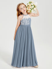 Robes de Demoiselle d'Honneur Longues en Mousseline avec Haut en Dentelle Bleu Poudré