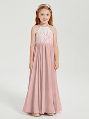 Robes de Demoiselle d'Honneur Longues en Mousseline avec Haut en Dentelle Rose Poudré
