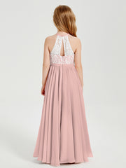 Robes de Demoiselle d'Honneur Longues en Mousseline avec Haut en Dentelle Rose Poudré