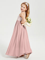 Robes de Demoiselle d'Honneur Longues en Mousseline avec Haut en Dentelle Rose Poudré