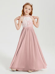 Robes de Demoiselle d'Honneur Longues en Mousseline avec Haut en Dentelle Rose Poudré