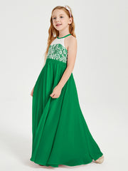Robes de Demoiselle d'Honneur Longues en Mousseline avec Haut en Dentelle Emeraude