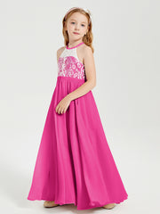 Robes de Demoiselle d'Honneur Longues en Mousseline avec Haut en Dentelle Fuchsia