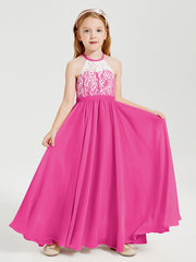Robes de Demoiselle d'Honneur Longues en Mousseline avec Haut en Dentelle Fuchsia