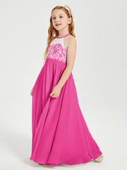 Robes de Demoiselle d'Honneur Longues en Mousseline avec Haut en Dentelle Fuchsia