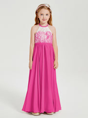 Robes de Demoiselle d'Honneur Longues en Mousseline avec Haut en Dentelle Fuchsia