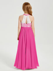 Robes de Demoiselle d'Honneur Longues en Mousseline avec Haut en Dentelle Fuchsia