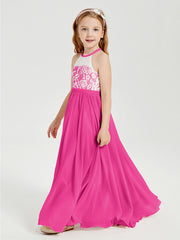 Robes de Demoiselle d'Honneur Longues en Mousseline avec Haut en Dentelle Fuchsia