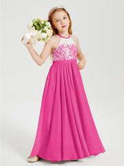 Robes de Demoiselle d'Honneur Longues en Mousseline avec Haut en Dentelle Fuchsia