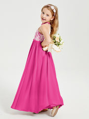 Robes de Demoiselle d'Honneur Longues en Mousseline avec Haut en Dentelle Fuchsia