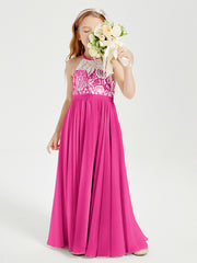 Robes de Demoiselle d'Honneur Longues en Mousseline avec Haut en Dentelle Fuchsia