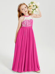 Robes de Demoiselle d'Honneur Longues en Mousseline avec Haut en Dentelle Fuchsia