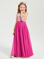 Robes de Demoiselle d'Honneur Longues en Mousseline avec Haut en Dentelle Fuchsia