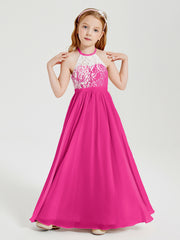 Robes de Demoiselle d'Honneur Longues en Mousseline avec Haut en Dentelle Fuchsia