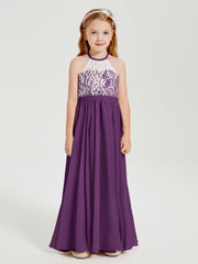 Robes de Demoiselle d'Honneur Longues en Mousseline avec Haut en Dentelle Raisin