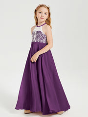 Robes de Demoiselle d'Honneur Longues en Mousseline avec Haut en Dentelle Raisin