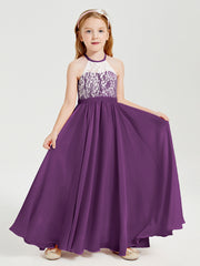 Robes de Demoiselle d'Honneur Longues en Mousseline avec Haut en Dentelle Raisin