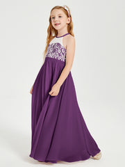 Robes de Demoiselle d'Honneur Longues en Mousseline avec Haut en Dentelle Raisin