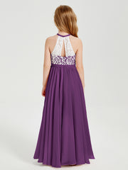 Robes de Demoiselle d'Honneur Longues en Mousseline avec Haut en Dentelle Raisin