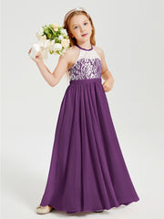 Robes de Demoiselle d'Honneur Longues en Mousseline avec Haut en Dentelle Raisin