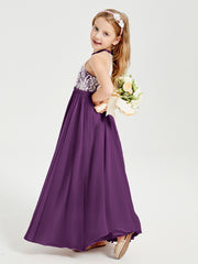 Robes de Demoiselle d'Honneur Longues en Mousseline avec Haut en Dentelle Raisin