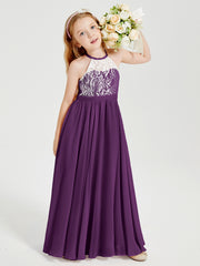 Robes de Demoiselle d'Honneur Longues en Mousseline avec Haut en Dentelle Raisin