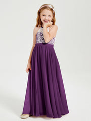Robes de Demoiselle d'Honneur Longues en Mousseline avec Haut en Dentelle Raisin