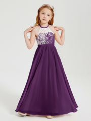 Robes de Demoiselle d'Honneur Longues en Mousseline avec Haut en Dentelle Raisin