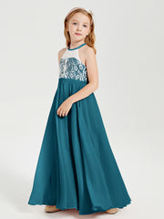 Robes de Demoiselle d'Honneur Longues en Mousseline avec Haut en Dentelle Bleu Encre