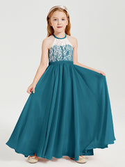 Robes de Demoiselle d'Honneur Longues en Mousseline avec Haut en Dentelle Bleu Encre