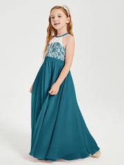 Robes de Demoiselle d'Honneur Longues en Mousseline avec Haut en Dentelle Bleu Encre