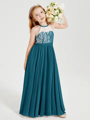 Robes de Demoiselle d'Honneur Longues en Mousseline avec Haut en Dentelle Bleu Encre