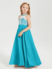 Robes de Demoiselle d'Honneur Longues en Mousseline avec Haut en Dentelle Jade