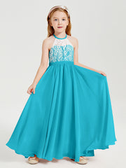 Robes de Demoiselle d'Honneur Longues en Mousseline avec Haut en Dentelle Jade