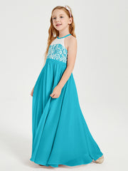 Robes de Demoiselle d'Honneur Longues en Mousseline avec Haut en Dentelle Jade