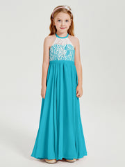 Robes de Demoiselle d'Honneur Longues en Mousseline avec Haut en Dentelle Jade