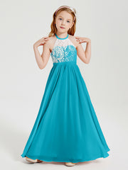 Robes de Demoiselle d'Honneur Longues en Mousseline avec Haut en Dentelle Jade