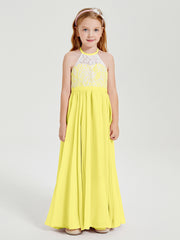 Robes de Demoiselle d'Honneur Longues en Mousseline avec Haut en Dentelle Citron