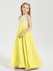 Robes de Demoiselle d'Honneur Longues en Mousseline avec Haut en Dentelle Citron