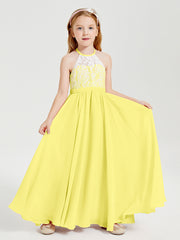 Robes de Demoiselle d'Honneur Longues en Mousseline avec Haut en Dentelle Citron