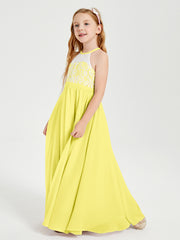 Robes de Demoiselle d'Honneur Longues en Mousseline avec Haut en Dentelle Citron