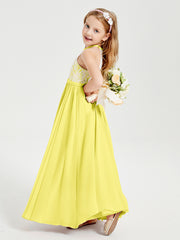 Robes de Demoiselle d'Honneur Longues en Mousseline avec Haut en Dentelle Citron