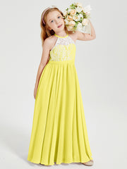 Robes de Demoiselle d'Honneur Longues en Mousseline avec Haut en Dentelle Citron