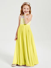 Robes de Demoiselle d'Honneur Longues en Mousseline avec Haut en Dentelle Citron