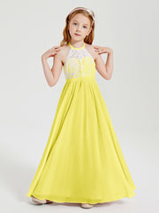 Robes de Demoiselle d'Honneur Longues en Mousseline avec Haut en Dentelle Citron