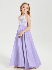 Robes de Demoiselle d'Honneur Longues en Mousseline avec Haut en Dentelle Lilas
