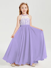 Robes de Demoiselle d'Honneur Longues en Mousseline avec Haut en Dentelle Lilas